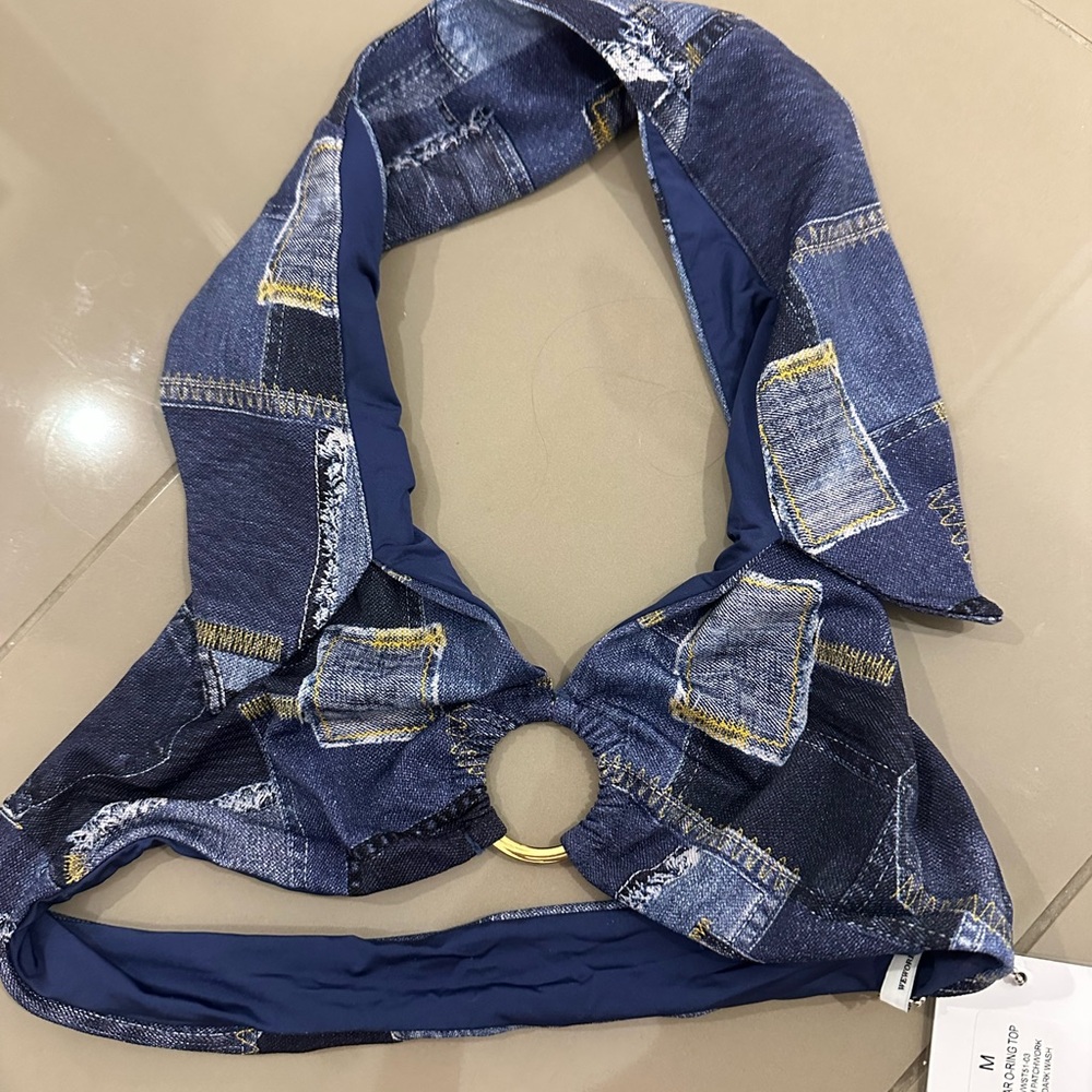 WeWoreWhat Patchwork Denim Halter Bathing Suit Top - Picture 2 of 3